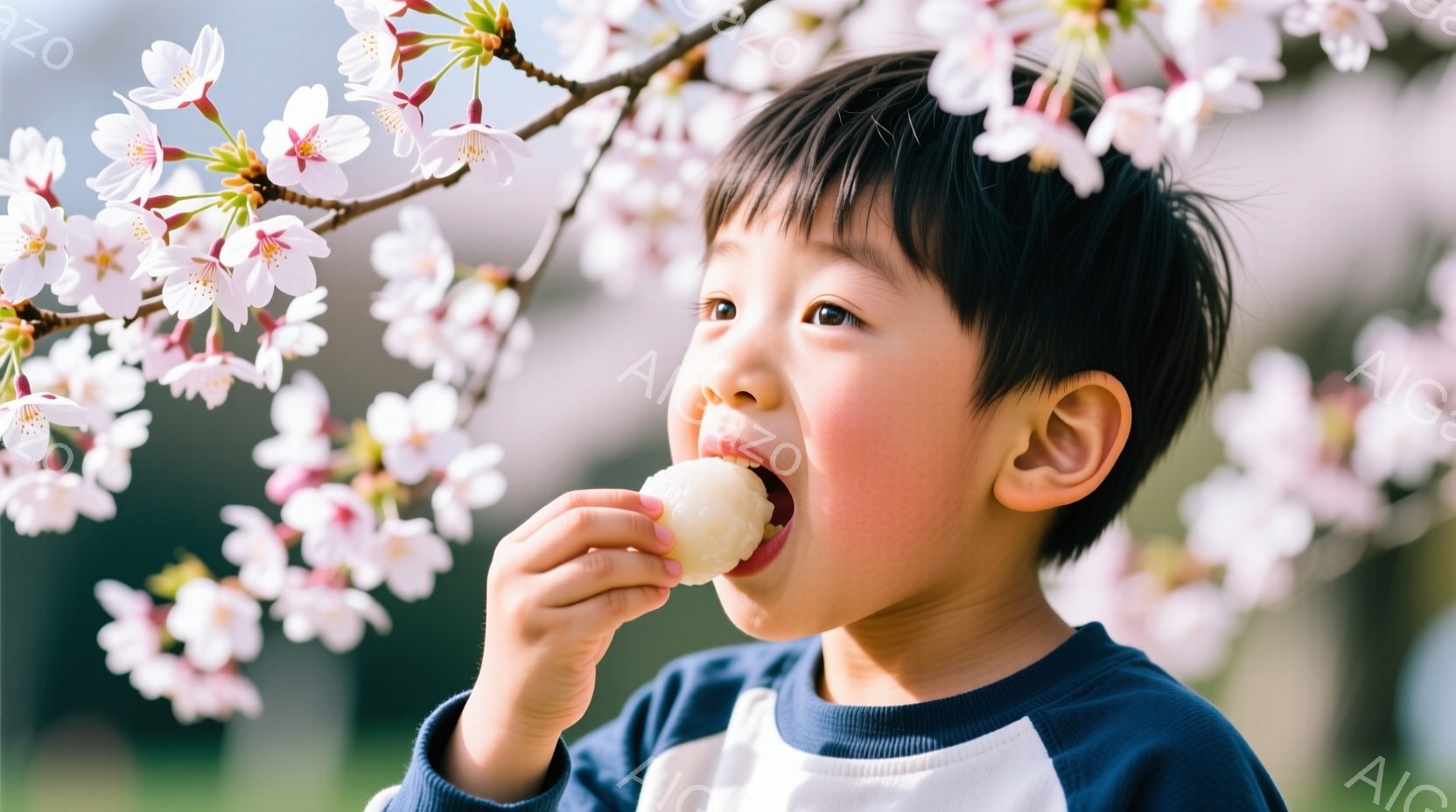 少年は紺色と白のボーダーシャツを着て、桜の花びらが咲き誇る桜の木のそばで何かを食べています。彼の黒い髪は短く整えられており、顔には嬉しそうな表情が浮かんでいます。背景にはぼやけた緑の葉と、柔らかい光が差し込む穏やかな春の日の様子が伺えます。
