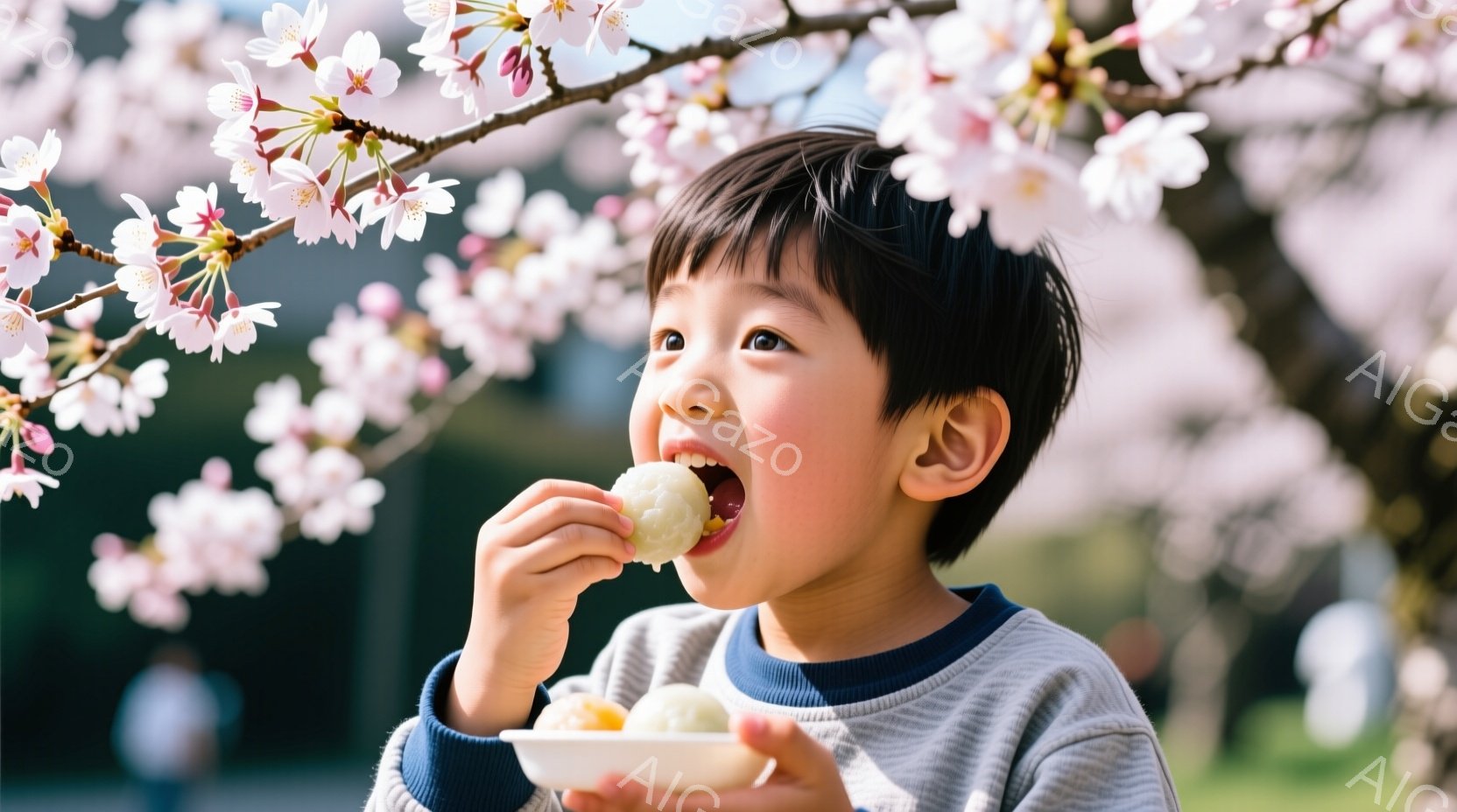 少年は桜の花びらが舞う中で、お団子を美味しそうに口にしています。グレーのセーターを着て、短髪で明るい笑顔を見せており、幸福感に満ち溢れています。背景にはぼやけた桜の木々と緑が広がり、春の穏やかで優しい - AI生成フリー素材