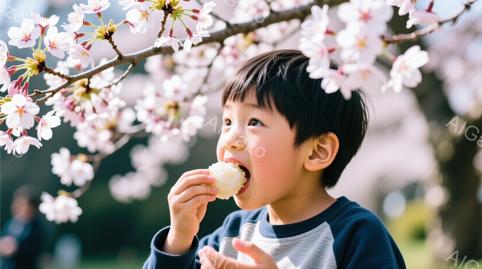 少年は桜の花びらが舞う中で、何かを美味しそうに食べている。彼は濃い青色のセーターとグレーのシャツを着ており、黒い短髪に整えられている。背景にはぼやけた桜の木々と、春らしい穏やかな光が差し込み、全体的に暖かく幸せな雰囲気を醸し出している。
