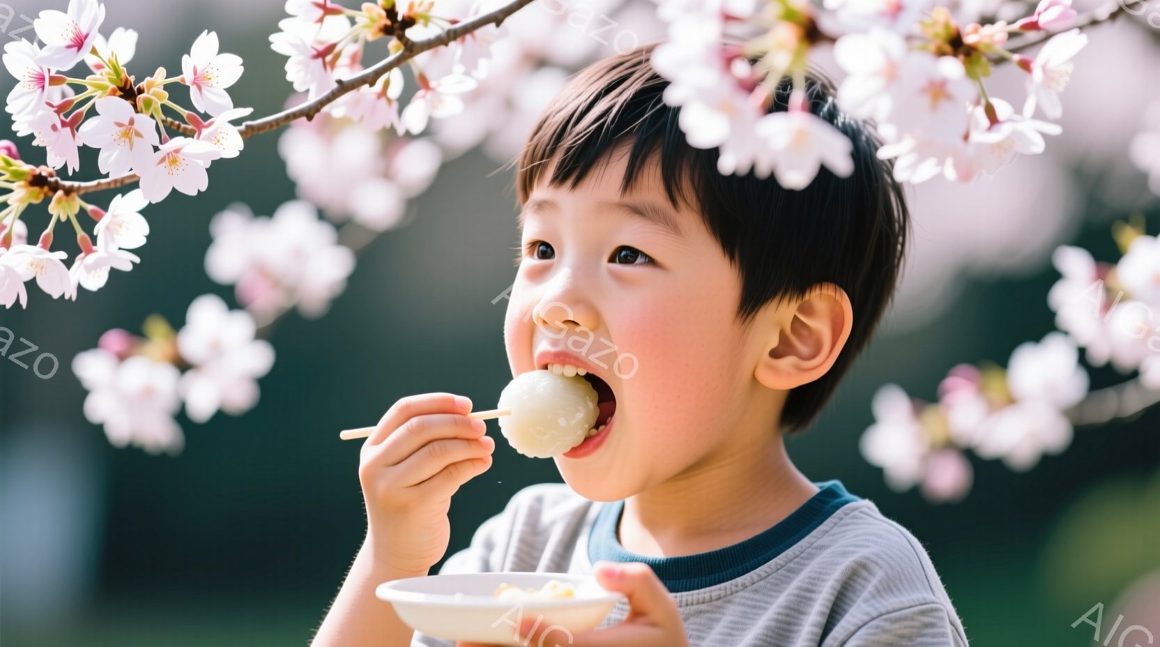 男の子は、桜の花びらが舞う中で、串に刺さった団子を美味しそうに頬張っています。彼は灰色のボーダーシャツを着ており、短く切った黒髪が特徴的で、笑顔がとても愛らしいです。背景にはぼやけた緑色の木々と、満開の桜が咲き誇り、春の暖かく穏やかな雰囲気が漂っています。