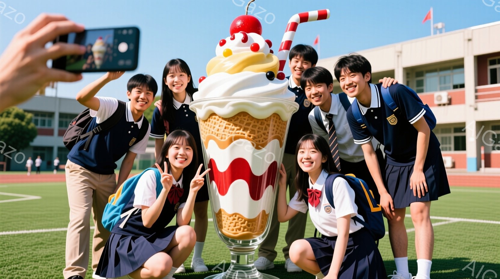 制服を着た高校生たちが、巨大なソフトクリームのモニュメントを背景に笑顔でポーズをとっています。彼らは皆、明るい表情で、楽しそうに肩を組んだり、ピースサインをしたりしています。背景には緑の芝生と、学校の建物が見え、晴れた日の明るい屋外で撮影されたようです。
