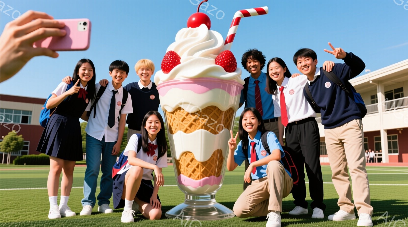制服姿の生徒たちが、巨大なソフトクリームのモニュメントを背景に記念撮影をしている様子が写っている。生徒たちは皆、笑顔でポーズをとっており、活気に満ちた雰囲気が伝わってくる。背景には青空と緑の芝生、そしてレンガ造りの建物が見え、晴れた日の学校行事のような光景である。