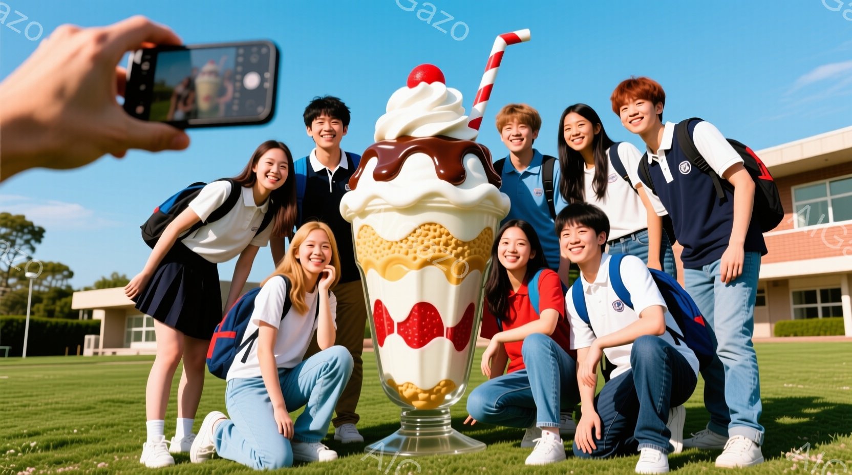 若者グループが巨大なソフトクリームの彫刻を背景にポーズをとっています。彼らは皆、学校の制服のようなポロシャツとジーンズを着用し、笑顔でカメラに向かってポーズをとっています。背景には青い空と緑の芝生、そ - AI生成フリー素材