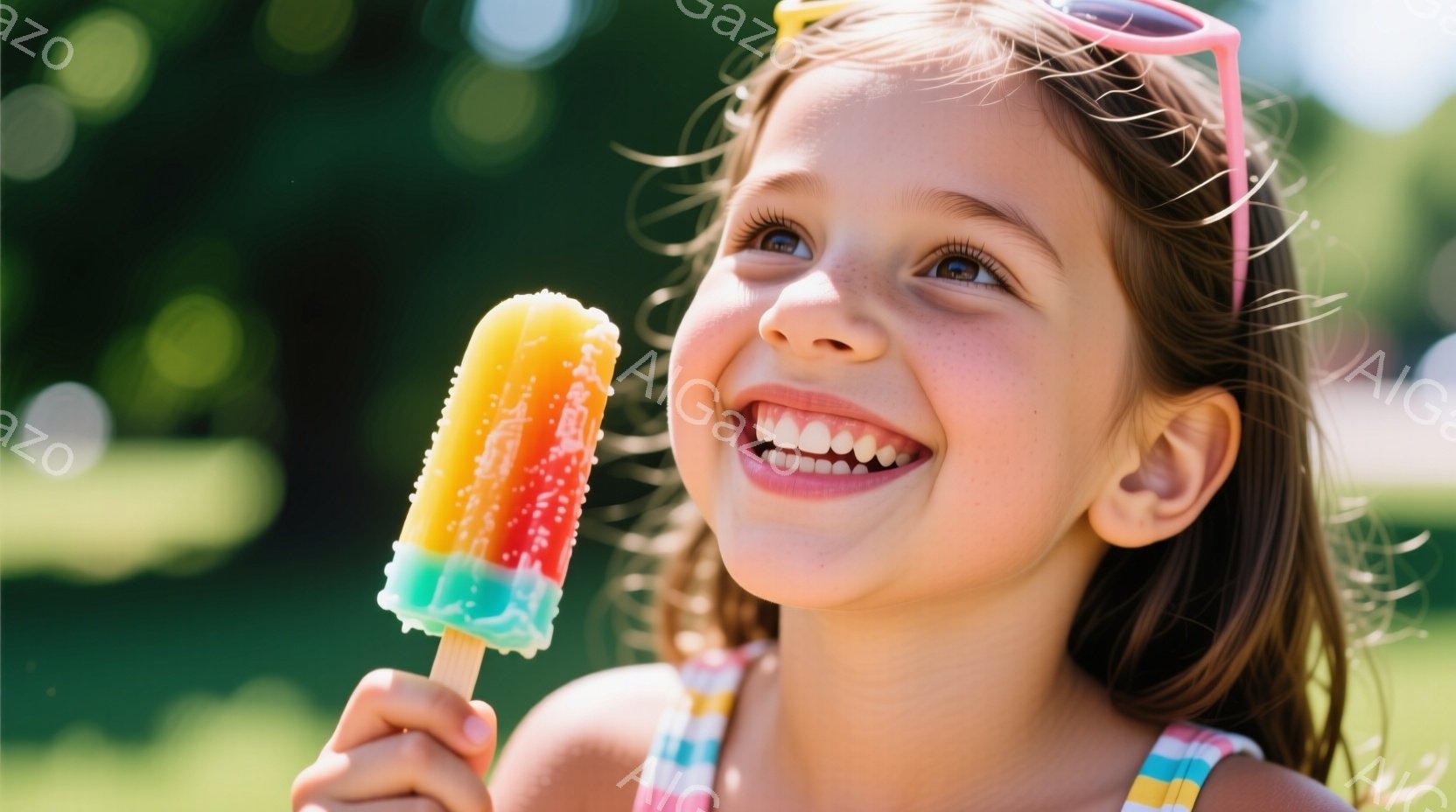 金髪を少し巻いた少女が、虹色の髪飾りをつけている。彼女はピンク色のタンクトップを着ており、顔にはたくさんのそばかすがある。満面の笑みを浮かべ、右手にカラフルなアイスキャンディーを持って空を見上げている。