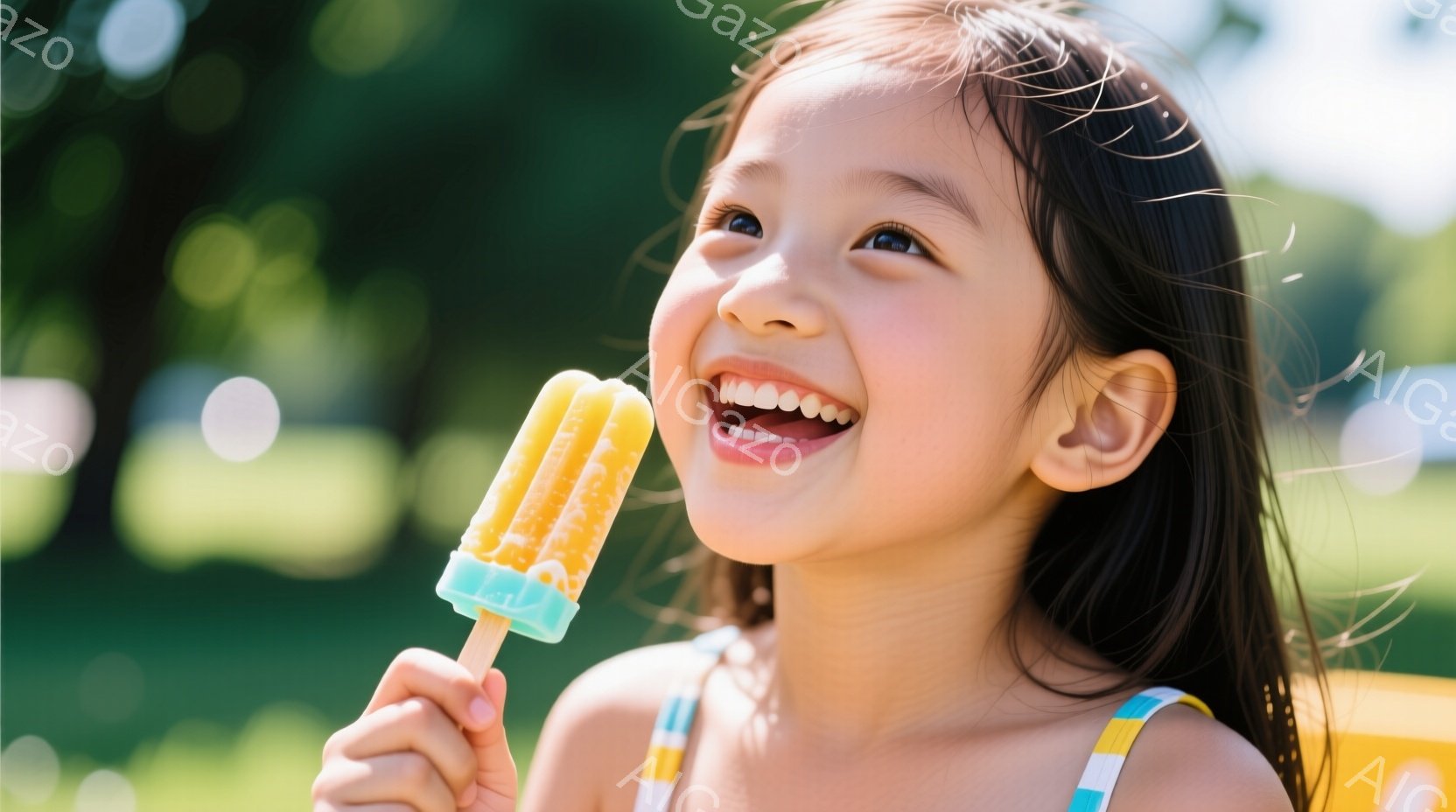 長い黒髪の少女が、黄色と青の棒アイスクリームを手に持って楽しそうに笑っています。彼女は肩出しの黄色い水着を着ており、背景には緑豊かな自然が広がっています。日差しが強く、明るく爽やかな夏の日の雰囲気が漂っています。