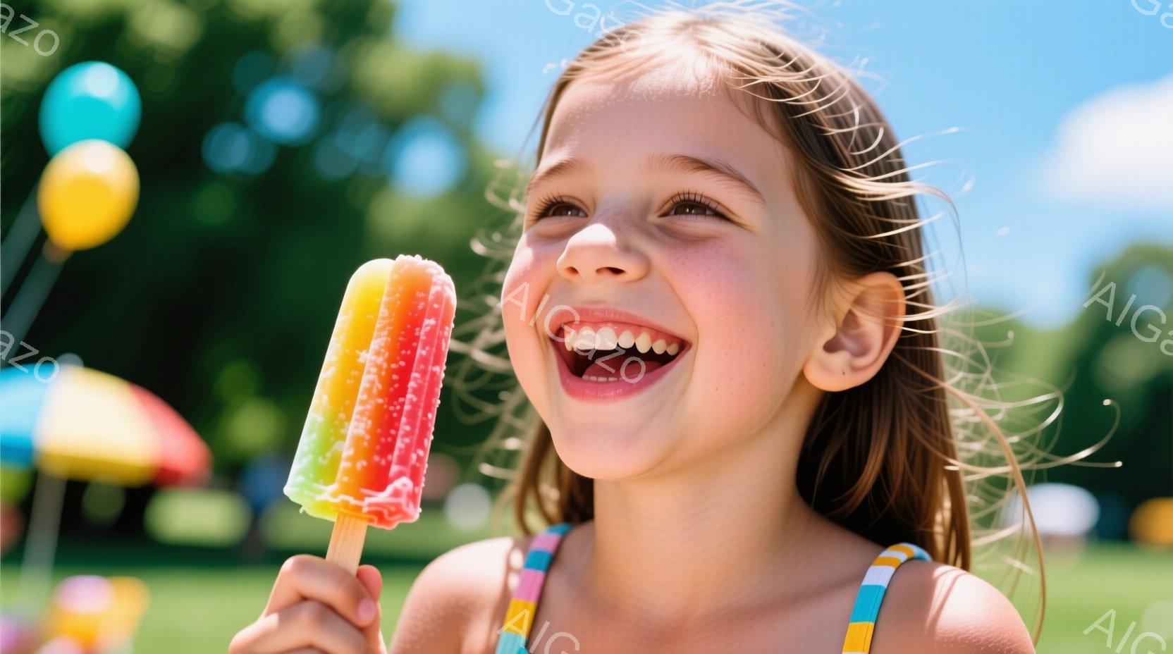 金髪の少女がカラフルなアイスキャンディーを高く掲げ、満面の笑みを浮かべている。肩には虹色のストライプが入った水着を着ており、風になびく髪が生き生きとした印象を与える。背景には緑の芝生、色とりどりのパラソル、そして晴れた青空が広がり、夏らしい陽気な雰囲気が漂う。
