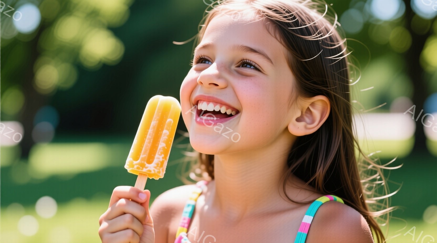 茶髪の少女が、オレンジ色の棒アイスクリームを片手に持ち、満面の笑みを浮かべている。彼女は肩出しのカラフルな水着を着ており、髪は無造作に肩にかかっている。背景は緑豊かな草地で、晴天の下、楽しげな雰囲気が - AI生成フリー素材