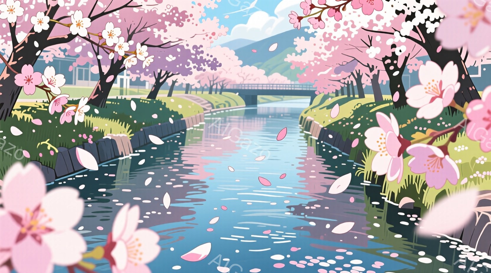 桜の花びらが舞い散る、穏やかな川の風景です。川の両岸には緑豊かな木々が生い茂り、遠景には建物と山々が見えます。空は晴れており、全体的に暖かく、春らしい雰囲気です。 - AI生成フリー素材