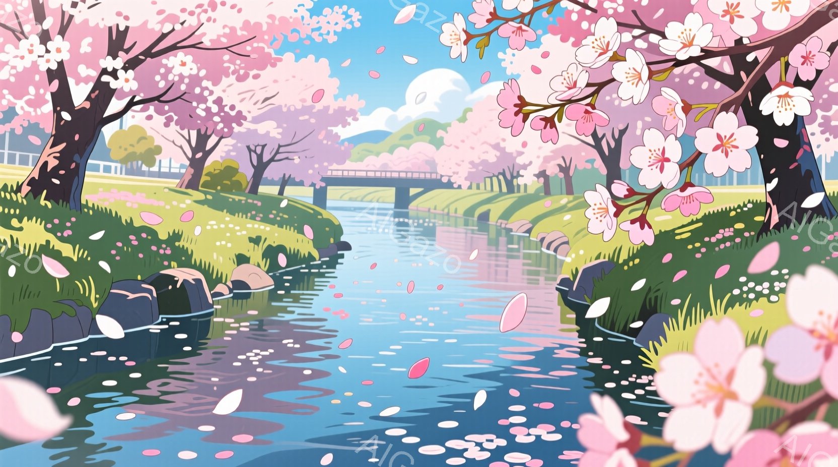 桜の花びらが舞い散る、穏やかな川の流れを描いた風景です。川沿いには緑豊かな草が生い茂り、両岸には桜の木が咲き誇っています。遠景には橋が見え、青空の下、春の暖かさと優しさを感じる、静かで美しい情景です。