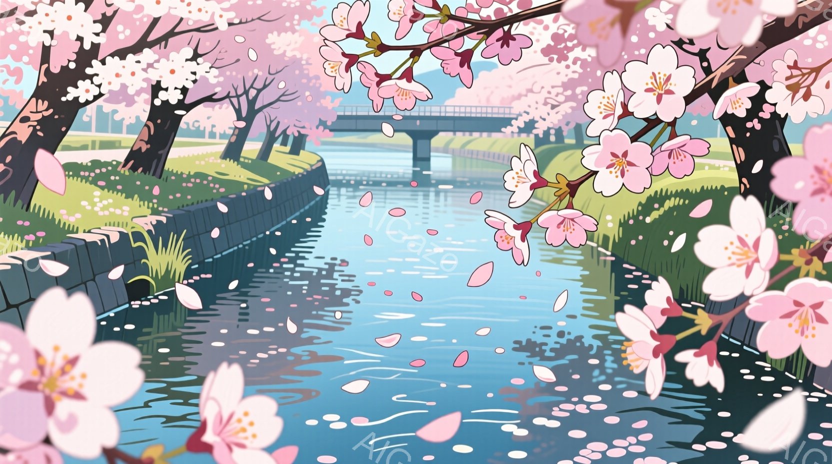川沿いに桜並木が咲き誇り、ピンク色の花びらが水面に散りばめられています。水路には石積みがあり、遠景には橋が見え、穏やかな春の日の風景が広がっています。全体的に柔らかく、春の暖かさと静けさを感じさせる美しい光景です。