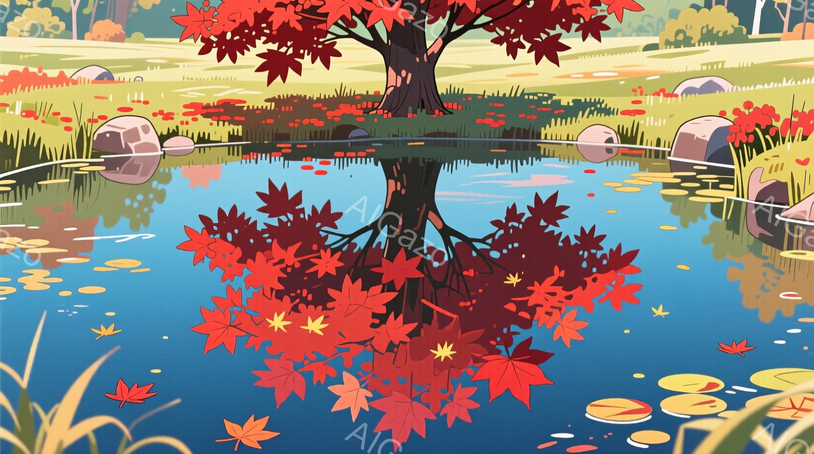 鮮やかな赤色の紅葉が水面に映り込み、秋の風景を描写しています。池の中には根を張った木がそびえ立ち、周囲には落ち葉が点在し、静かで穏やかな雰囲気を醸し出しています。背景には緑の草地と岩が配置され、自然豊 - AI生成フリー素材