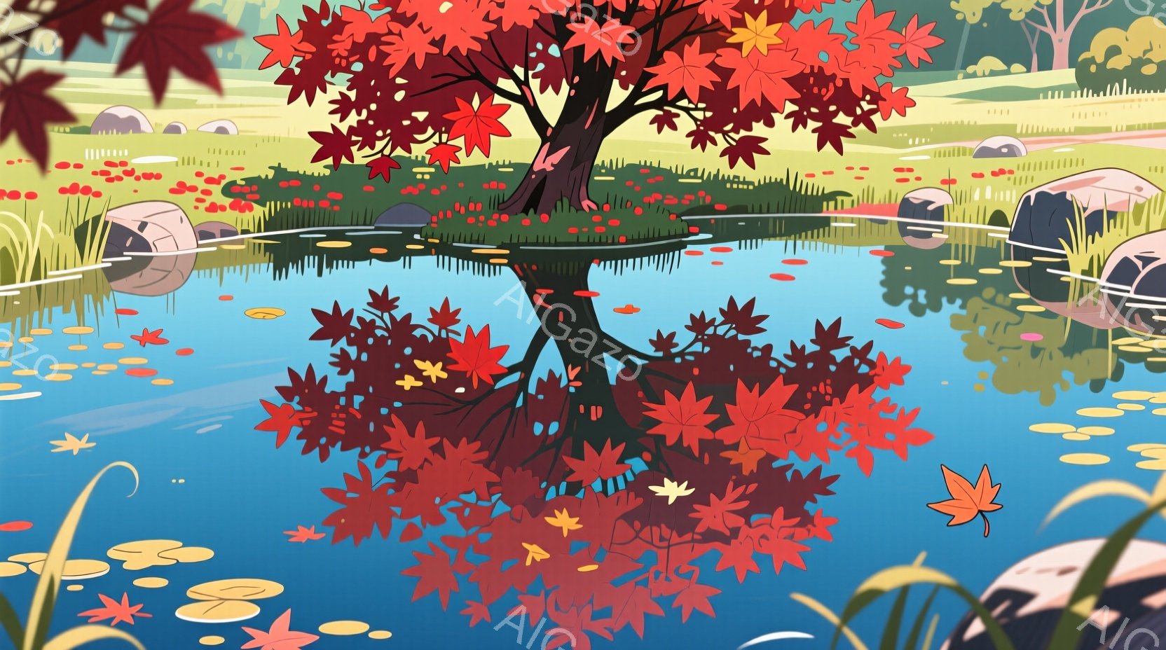 鮮やかな赤い紅葉が水面に映り込み、まるで炎のような美しい光景が広がっています。池には水面を覆うように浮き葉が点在し、背景には緑の草や遠くに見える木々が描かれ、穏やかで幻想的な雰囲気を醸し出しています。水面の色は鮮やかなブルーで、周囲の自然とのコントラストが際立っています。