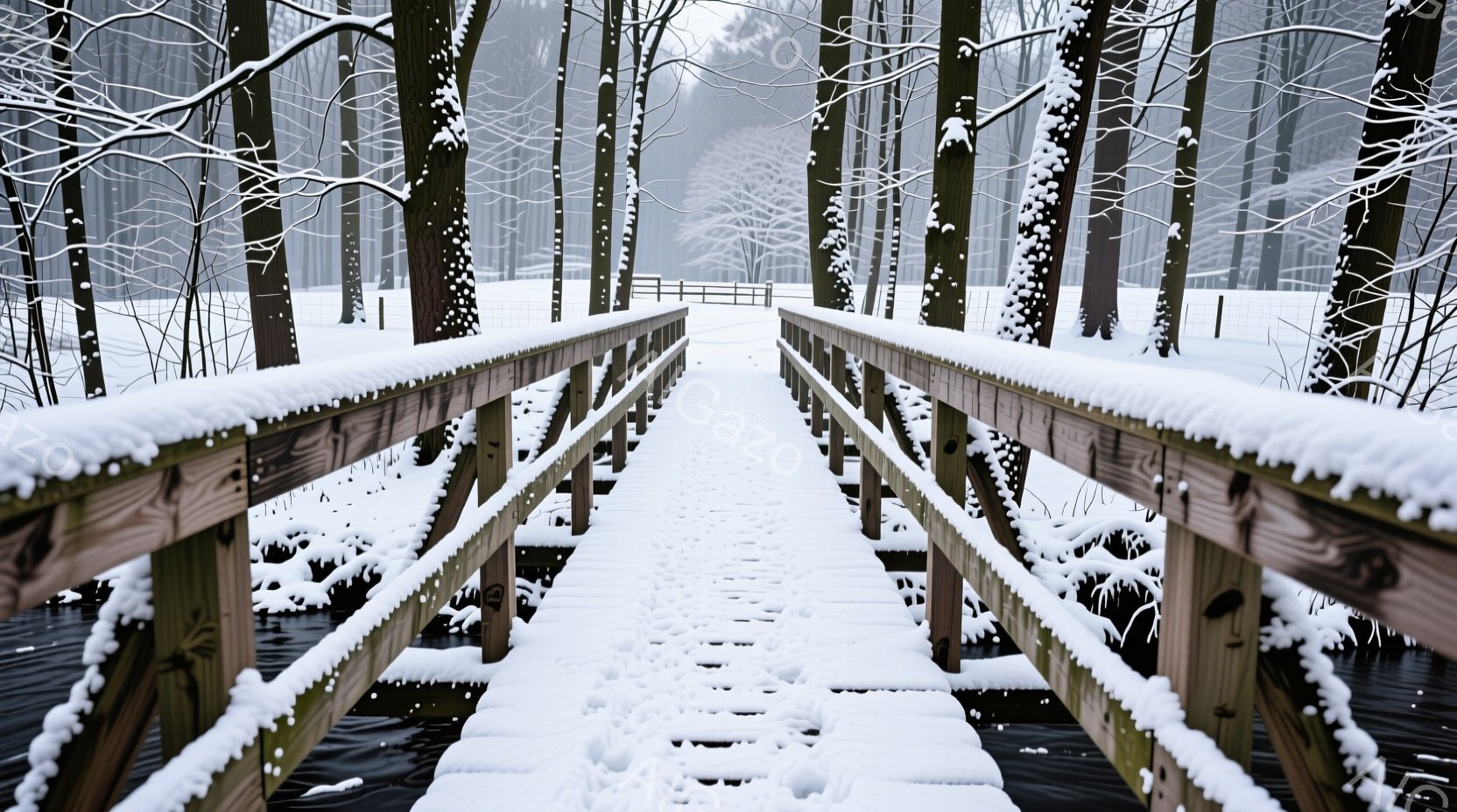 雪に覆われた木製の橋が、凍った水面の上をまっすぐに伸びている。両側の木々は雪で白く、背景はぼやけた冬景色で、静寂と寒さが感じられる。足跡が橋の上をまっすぐに伸びており、誰かが歩いたばかりの様子が伺える - AI生成フリー素材