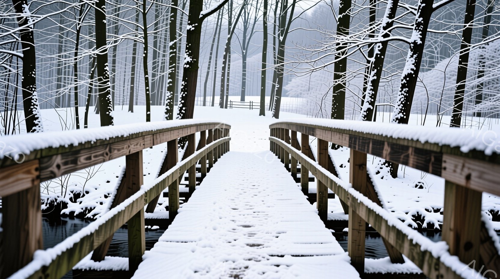 雪に覆われた木々の間を、木製の歩道橋がまっすぐに伸びている。歩道橋は雪で白く、足跡が点在し、静寂の中に人の存在を感じさせる。背景は雪景色の中にぼんやりと木々が見え、冬の穏やかな雰囲気を漂わせている。