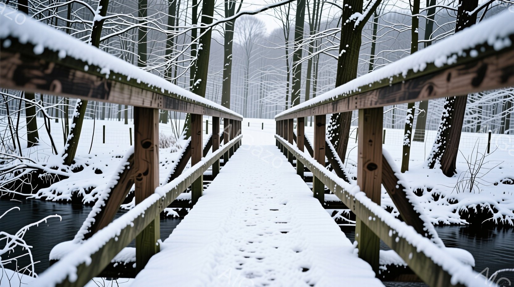 凍てつくような冬の風景で、雪に覆われた木製の歩道橋が印象的です。歩道橋は暗い水面を越え、遠くには雪で覆われた木々が生い茂り、モノクロームに近い色彩で静寂と寒々しさを強調しています。雪は橋全体に降り積もり、まるで冬の童話のような、静かで寂しげな雰囲気を醸し出しています。