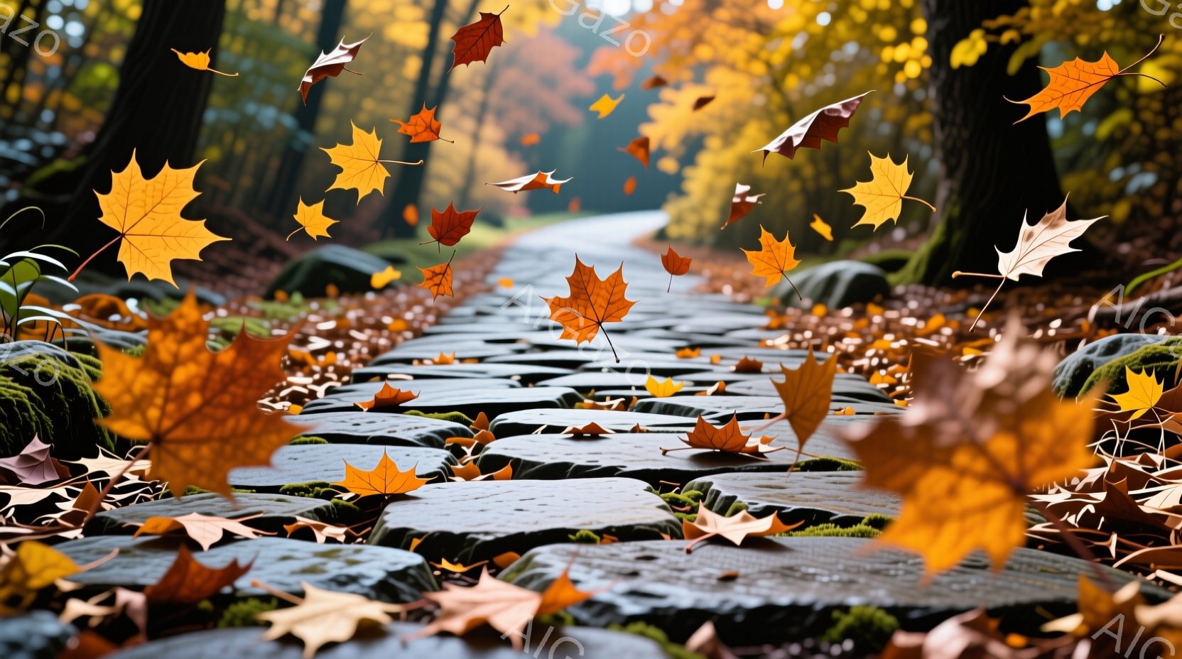 苔むした石畳の道に、赤や黄色の落ち葉が舞い散り、秋の風景が広がっている。背景には木々が生い茂り、柔らかい光が差し込み、温かみのある雰囲気を醸し出している。落ち葉と石畳のコントラストが、静寂さと季節の移 - AI生成フリー素材