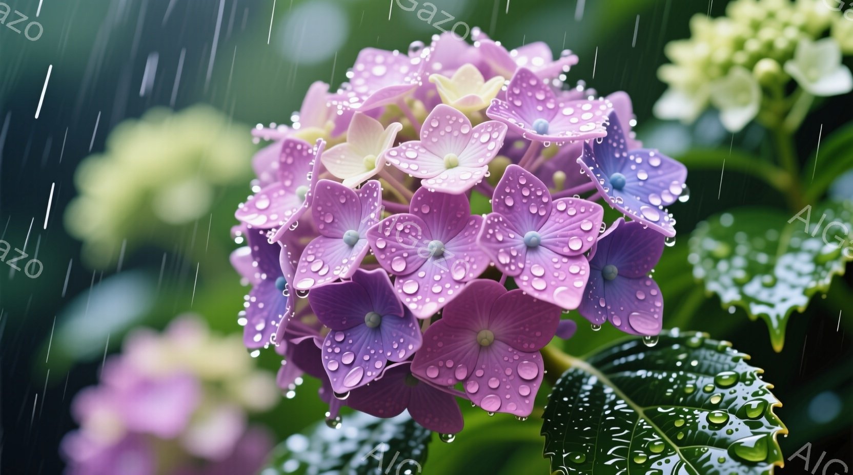 雨粒が滴る紫色の紫陽花が鮮やかに咲き誇っています。背景には緑の葉が茂り、他の白い紫陽花もぼんやりと見え、雨の日のしっとりとした雰囲気を醸し出しています。水滴が花びらを美しく飾り、静かで穏やかな情景が広がります。