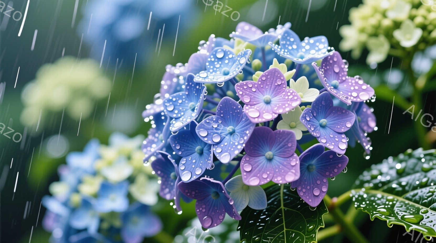 雨粒が散りばめられた紫と青の紫陽花が鮮やかに咲き誇っています。背景には緑の葉と、ぼやけた別の紫陽花が見え、雨が降りしきる様子が伝わってきます。全体的にしっとりとした、雨上がりの紫陽花庭園のような、涼しげで落ち着いた雰囲気が漂っています。