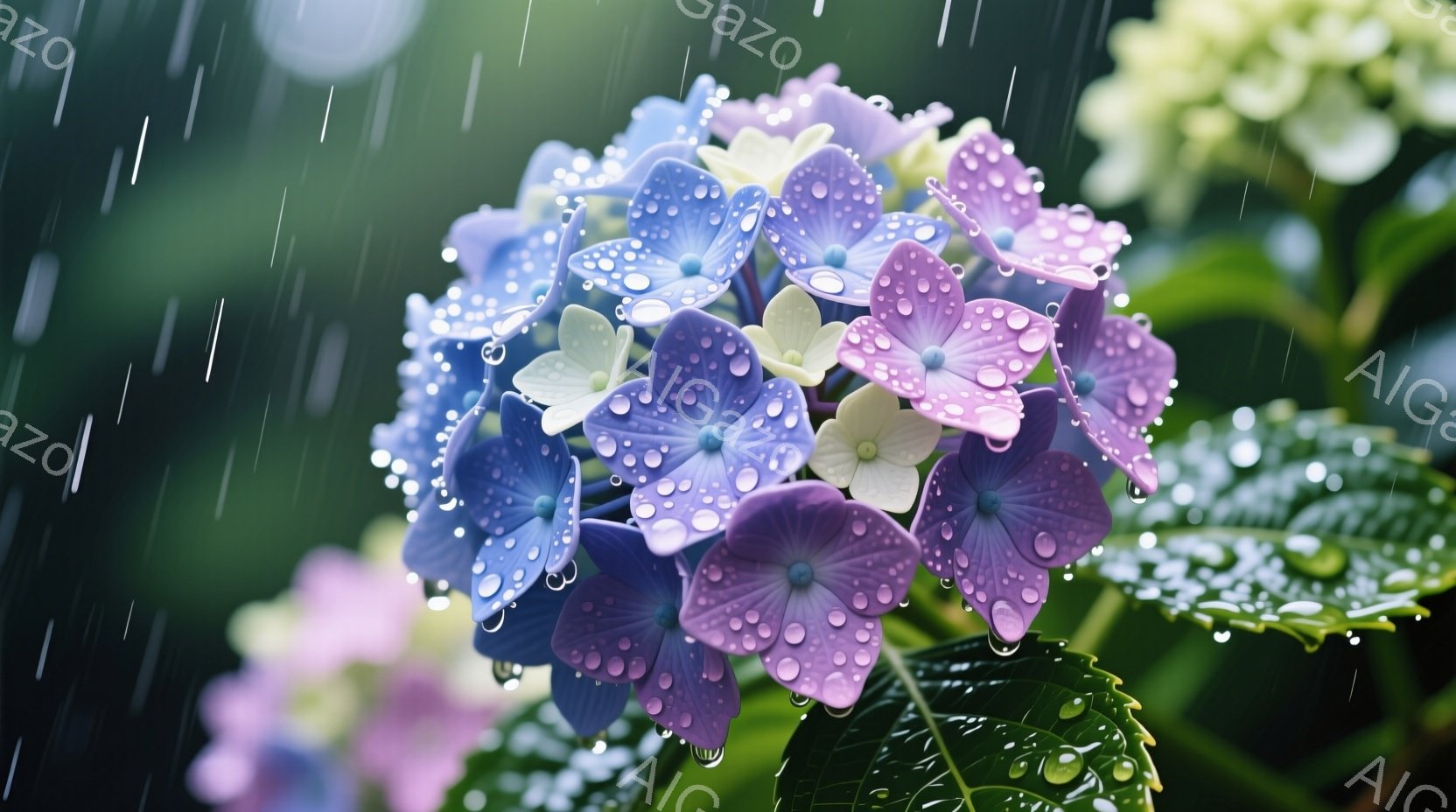 雨粒に濡れた紫とピンクのアジサイが鮮やかに咲き誇っています。緑の葉は雨で深く色づき、背景にはぼやけた白いアジサイが見えます。雨のしずくが花びらに光り、しっとりとした夏の日の雰囲気を醸し出しています。