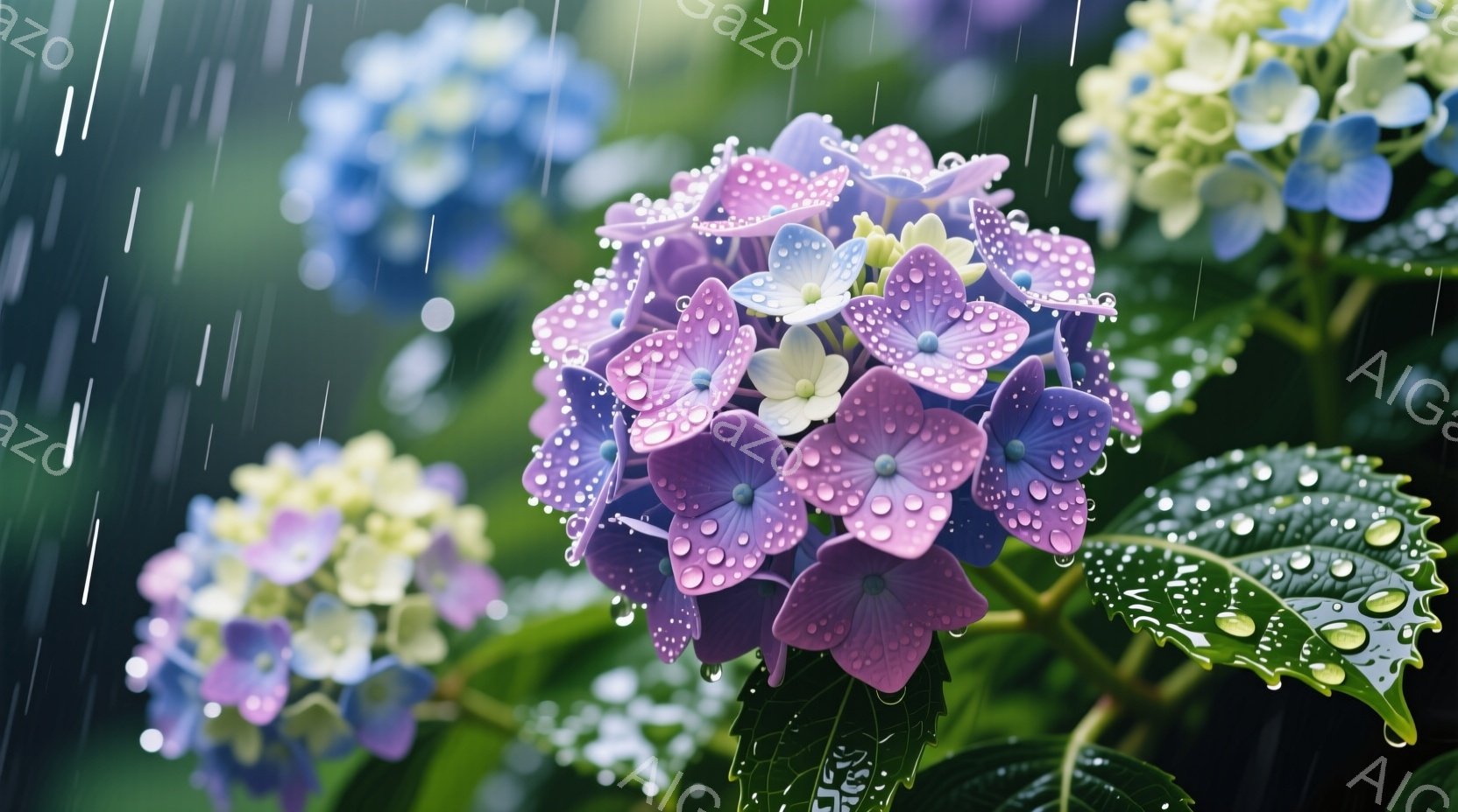 雨粒が輝く紫とピンクのアジサイが画面中央に大きく咲き誇っています。背景には緑の葉と他のアジサイの花がぼんやりと見え、雨が降り注ぐ湿った自然の雰囲気が漂っています。花びらは繊細で、雨粒が宝石のように光り、全体的に優しい色合いと美しいコントラストが印象的です。