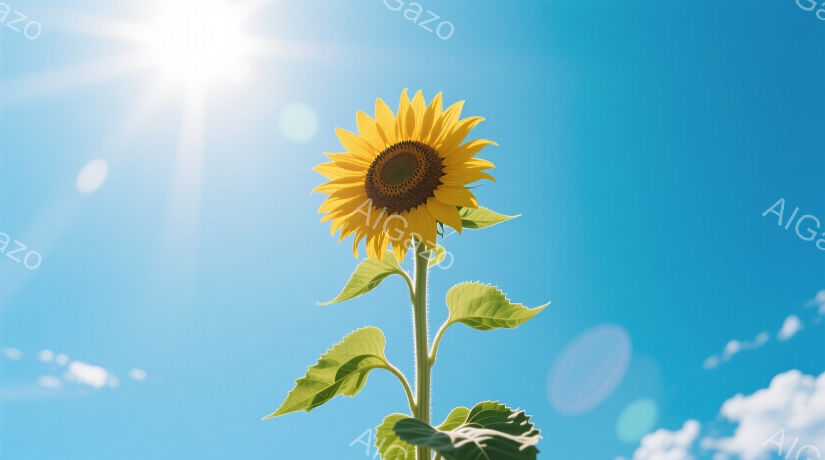 鮮やかな青空を背景に、ひまわりのみが画面いっぱいに咲き誇っています。太陽の光が強く、花びらの黄色と空の青のコントラストが際立っています。葉は緑豊かで、茎はまっすぐに伸びており、全体的に生命力にあふれた、明るく希望に満ちた雰囲気です。