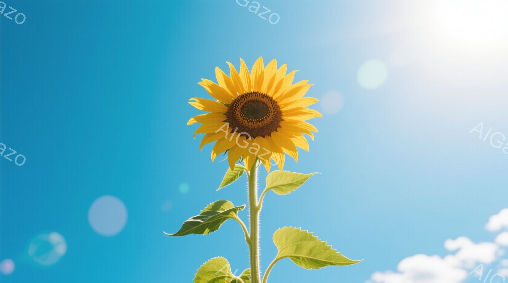 鮮やかな青空を背景に、ひまわりのみが大きく写っている写真です。ひまわりは茎を高く伸ばし、緑の葉を広げ、太陽に向かって咲き誇っています。空にはわずかな雲と光のフレアがあり、夏らしい明るく爽やかな雰囲気を醸し出しています。