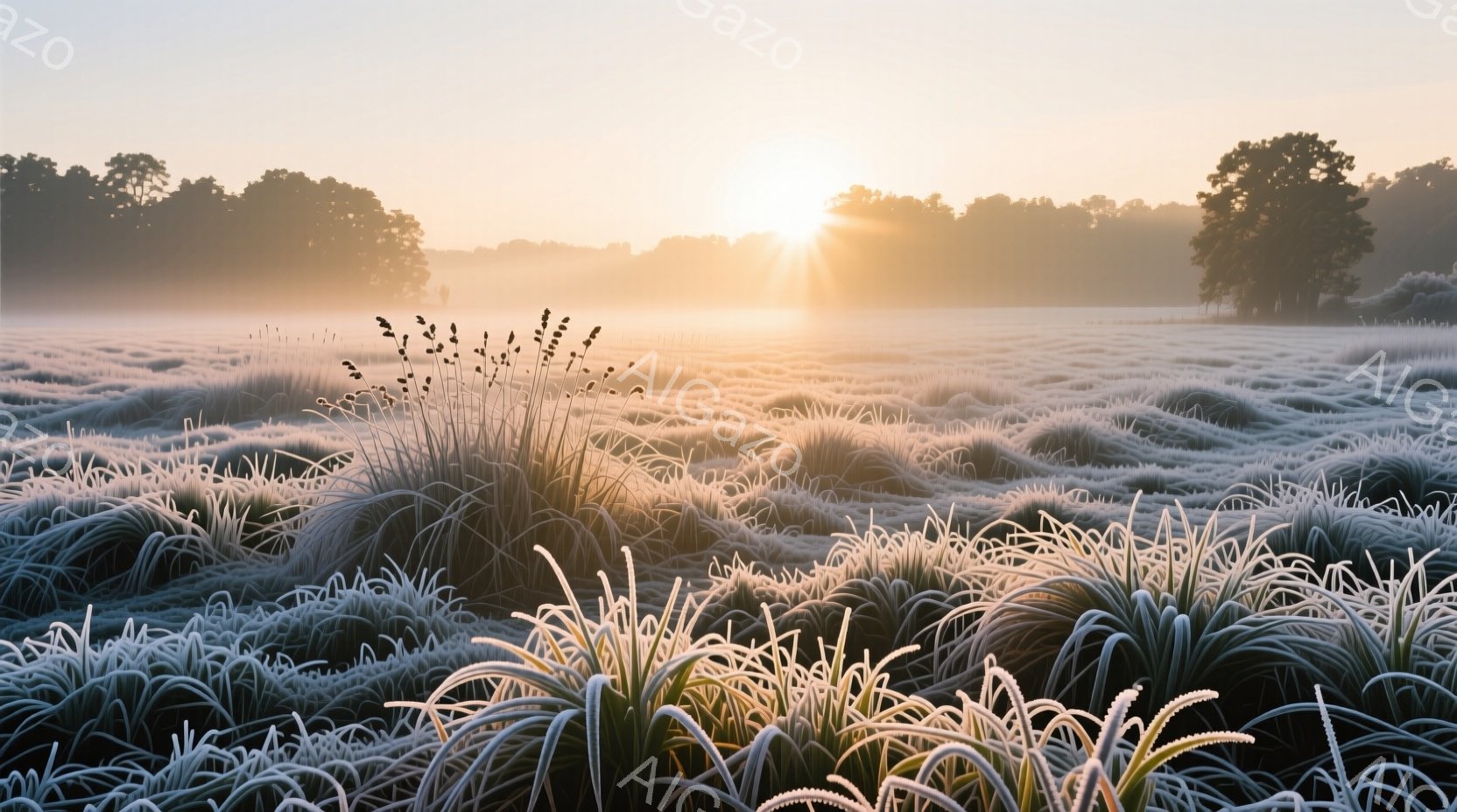 白く霜が降りた草が広がる原風景が印象的な一枚です。朝日が昇り、霜の輝きとともに背景の木々をぼんやりと照らし出しています。静寂の中に、清らかな冬の朝の雰囲気が漂い、穏やかな時間が感じられます。