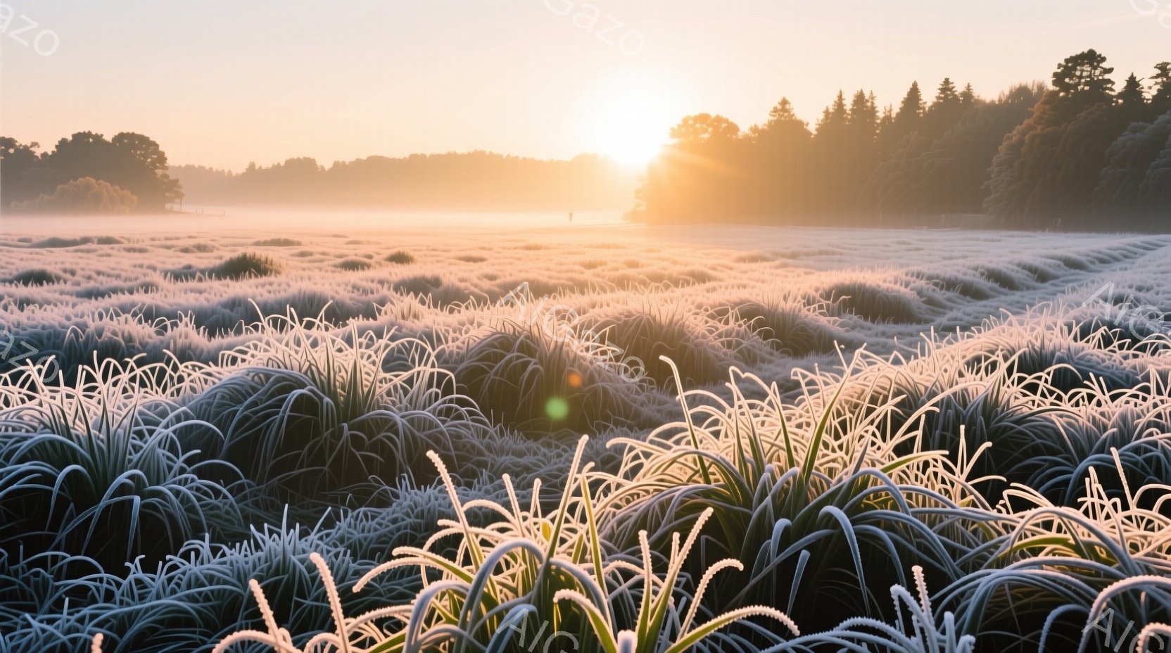 広大な草原が霜で覆われ、まるで銀色の波のようになっている。遠くには木々がぼんやりと見え、朝日が草原を黄金色に染め上げ、幻想的な雰囲気を醸し出している。この風景は静寂と美しさに満ちており、自然の力強さと繊細さを感じさせる。
