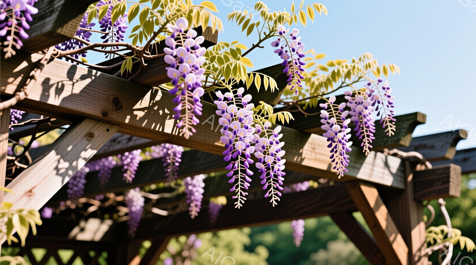 藤の花が、木製のパーゴラから豊かに垂れ下がっている様子が捉えられています。紫色の美しい花房は、緑の葉と相まって春の暖かさを感じさせ、背景にはぼんやりと緑の植物が見えます。全体として、穏やかで心地よい春の日の雰囲気が漂っています。