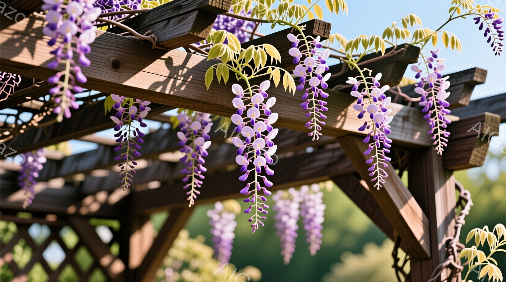 藤の花が木製のパーゴラから美しく垂れ下がっている様子が捉えられています。紫色の房状の花は密集しており、緑色の葉と相まって、春の穏やかな雰囲気を醸し出しています。背景には、ぼやけた緑の風景が広がり、柔らかな日差しが全体を照らしています。