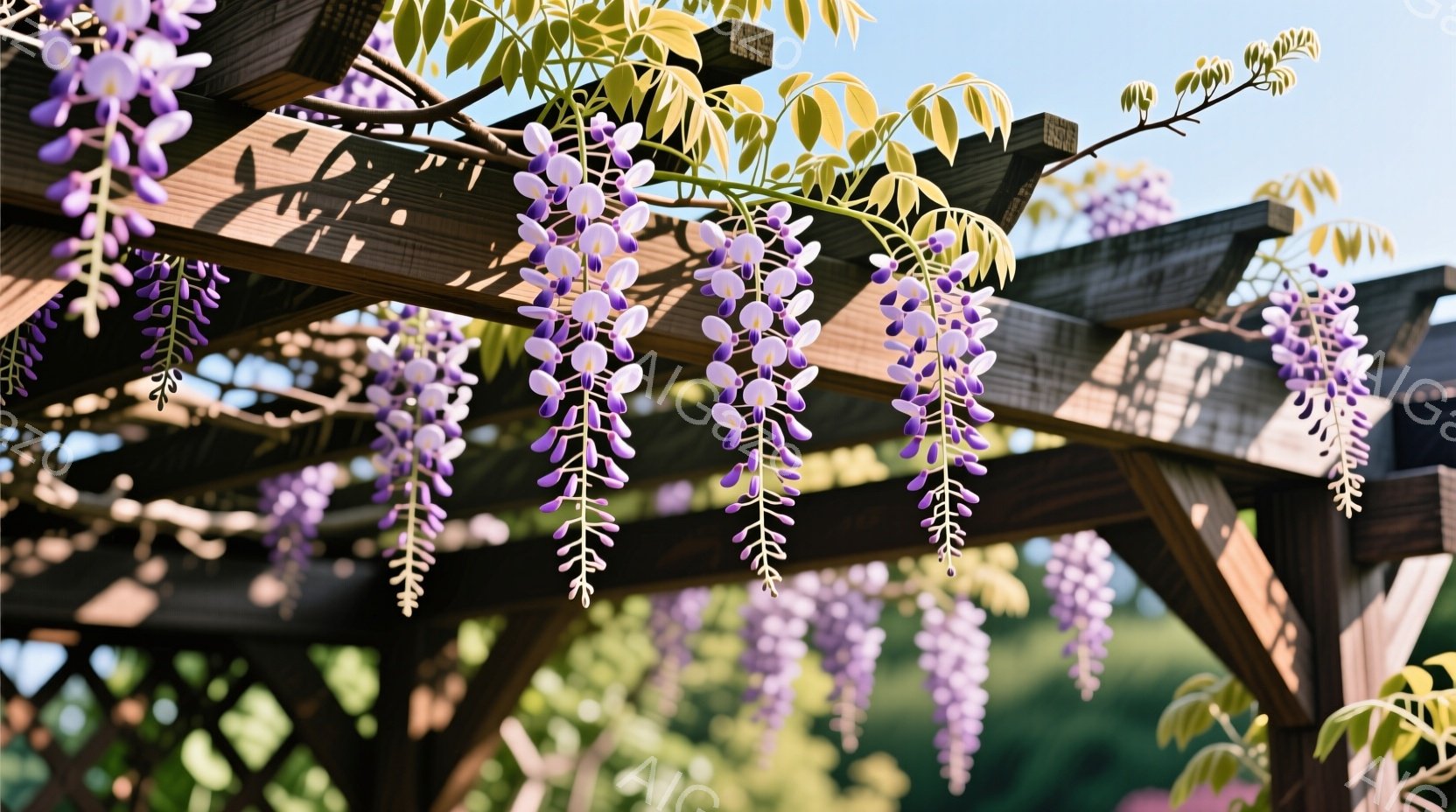 藤の花がアーチにかかり、紫色の房が美しく垂れ下がっている。木製のアーチは日差しに照らされ、背景には緑豊かな自然が広がり、穏やかで幻想的な雰囲気を醸し出している。光と影のコントラストが花の色を際立たせ、春の暖かさを感じさせる。