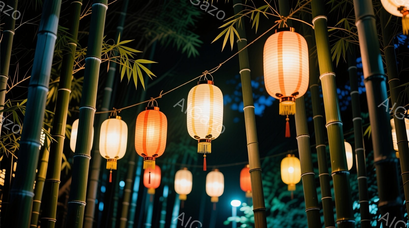 深夜の竹林に、赤やオレンジ色の提灯が吊るされ、幻想的な光を放っている。提灯は、竹の緑と鮮やかな色彩でコントラストを成し、静寂で神秘的な雰囲気を醸し出している。背景は暗く、提灯の光がより一層際立ち、穏やかで幻想的な夜の情景が広がっている。