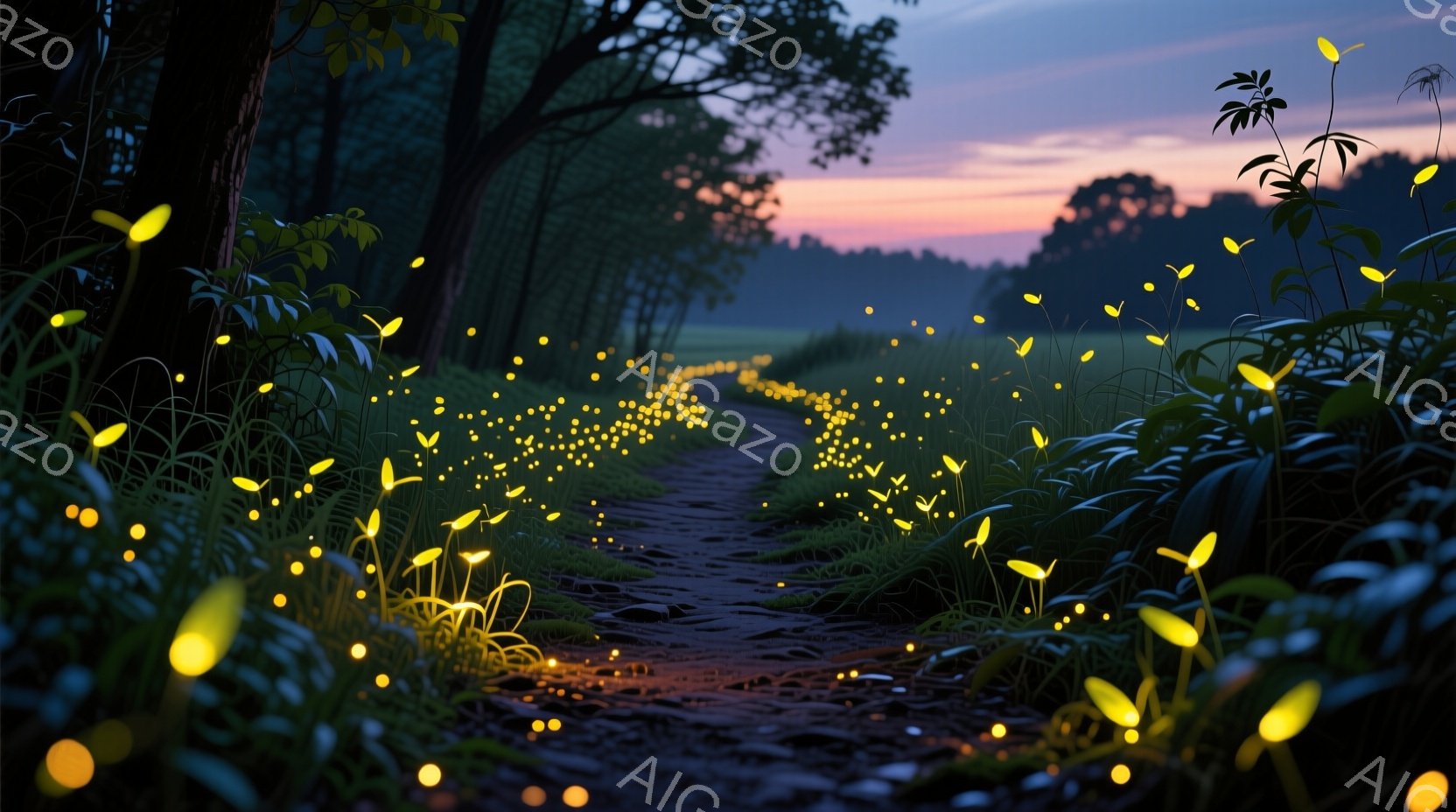 暗い森の中を縫うように、土道が奥へと続いています。道沿いには無数のホタルが飛び交い、幻想的な光の絨毯を織り成しており、夕焼け空とのコントラストが美しいです。自然豊かな背景とホタルの温かい光が、静寂で神 - AI生成フリー素材