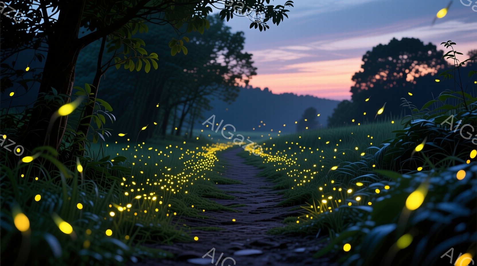 暗い森の中を縫うように、土道が奥へと続いています。無数の蛍がその道を照らし、幻想的な光のトンネルを作り出しています。夕焼け空が茜色に染まり、木々のシルエットが浮かび上がり、静寂で神秘的な雰囲気を醸し出しています。