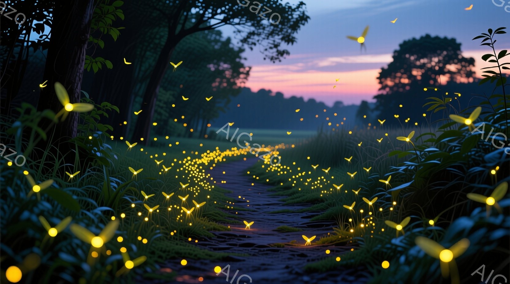薄暗い森の中を、無数の光る虫（蛍）が舞い、道筋を照らしている様子が描かれている。道は土と草で覆われ、両脇には緑豊かな植物が生い茂り、遠くには夕焼け空が広がり、幻想的な雰囲気を醸し出している。全体的に落 - AI生成フリー素材
