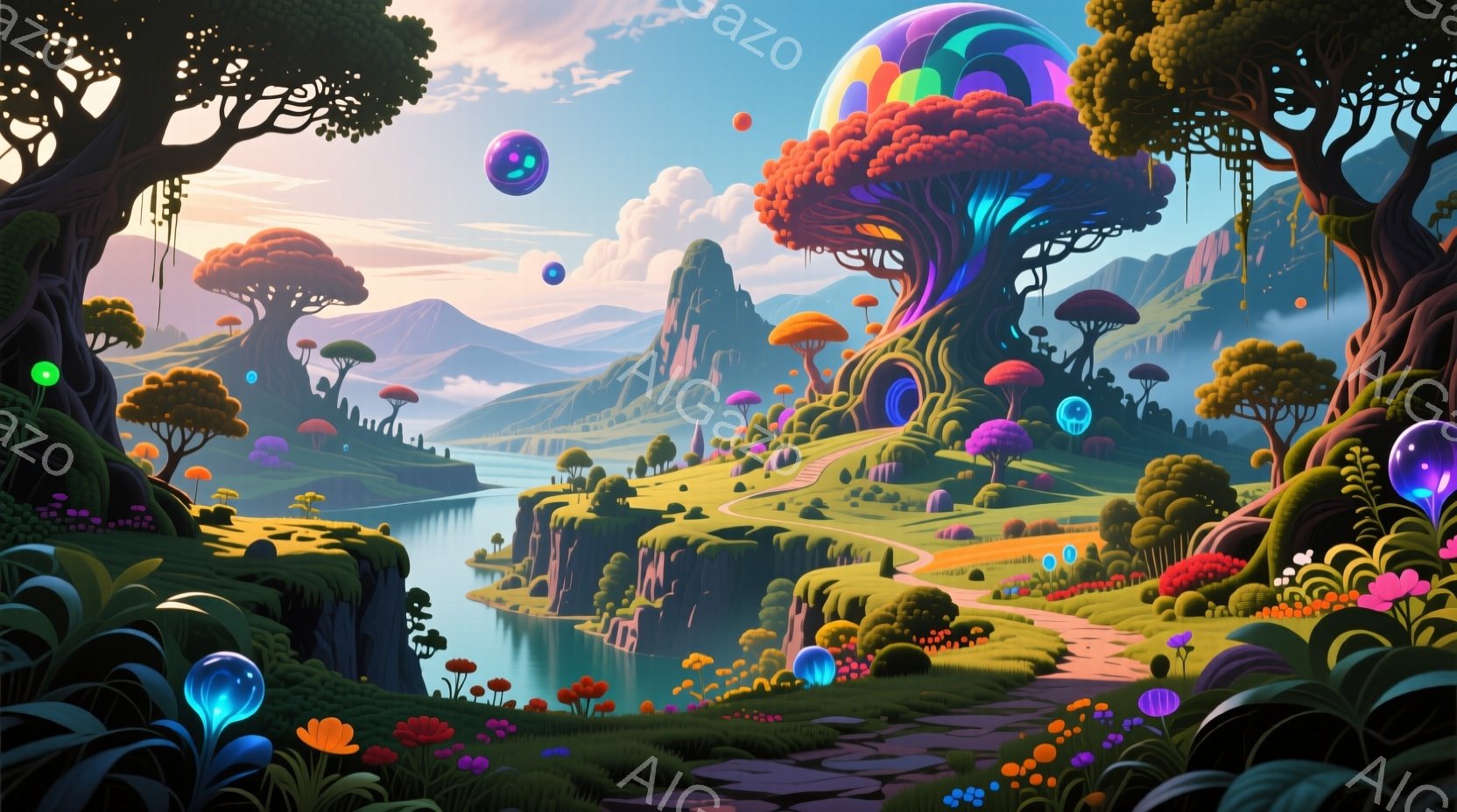 鮮やかな色彩のファンタジー風景が広がり、巨大なキノコのような木々が特徴的な地形に点在している。曲がりくねった道が緑豊かな斜面を蛇行し、湖へと続いており、空には虹色の光の球体が浮かんでいる。全体的に穏やかで夢幻的な雰囲気が漂い、自然の神秘と色彩の豊かさが印象的だ。