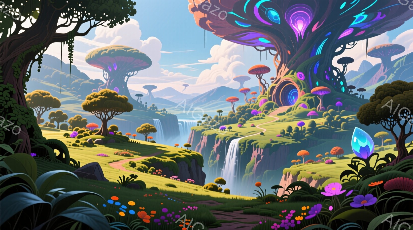 鮮やかな緑の丘陵地帯が広がり、遠くには滝が流れ落ちる幻想的な風景です。奇妙な形の巨大な木々や、色とりどりのキノコが生い茂り、まるで異世界に迷い込んだような雰囲気です。全体的に明るく、温かみのある色彩で、平和で穏やかな印象を与えます。