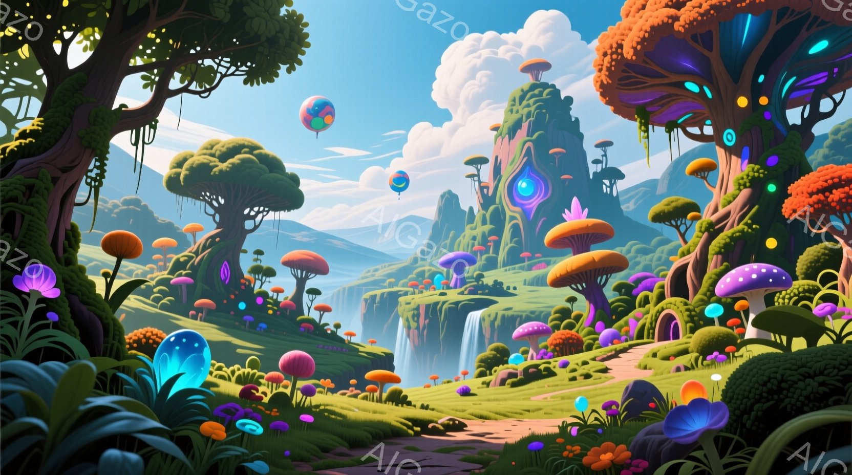 鮮やかな色彩が溢れる幻想的な風景が広がっている。巨大なキノコや植物が生い茂る緑豊かな斜面には、滝が流れ落ち、遠くには独特な形をした山がそびえ立っている。空にはふわふわとした雲が浮かび、全体的に夢見がちな、おとぎ話のような雰囲気を醸し出している。
