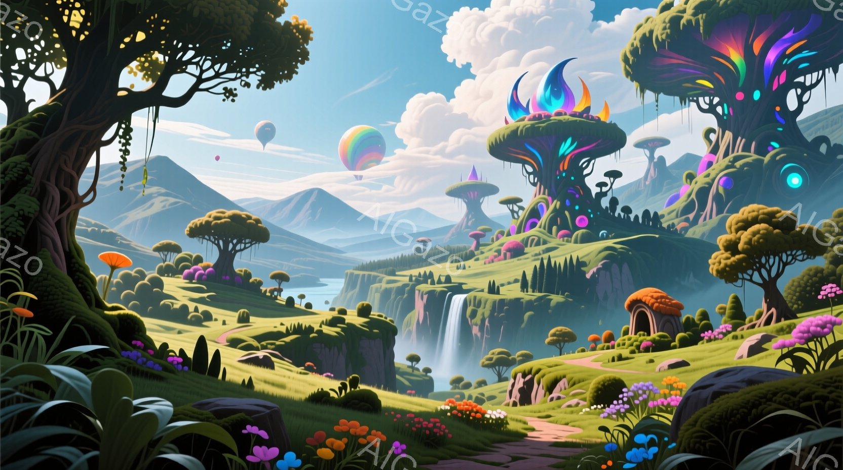 広大な緑の丘陵地帯が広がり、ユニークな形をした巨大なキノコのような木々が生い茂っている。背景には遠くの山々が霞んで見え、滝が流れ落ちる様子が描かれ、空には虹色の風船が浮かんでいる。全体的に幻想的で、夢のような雰囲気の風景が広がっている。