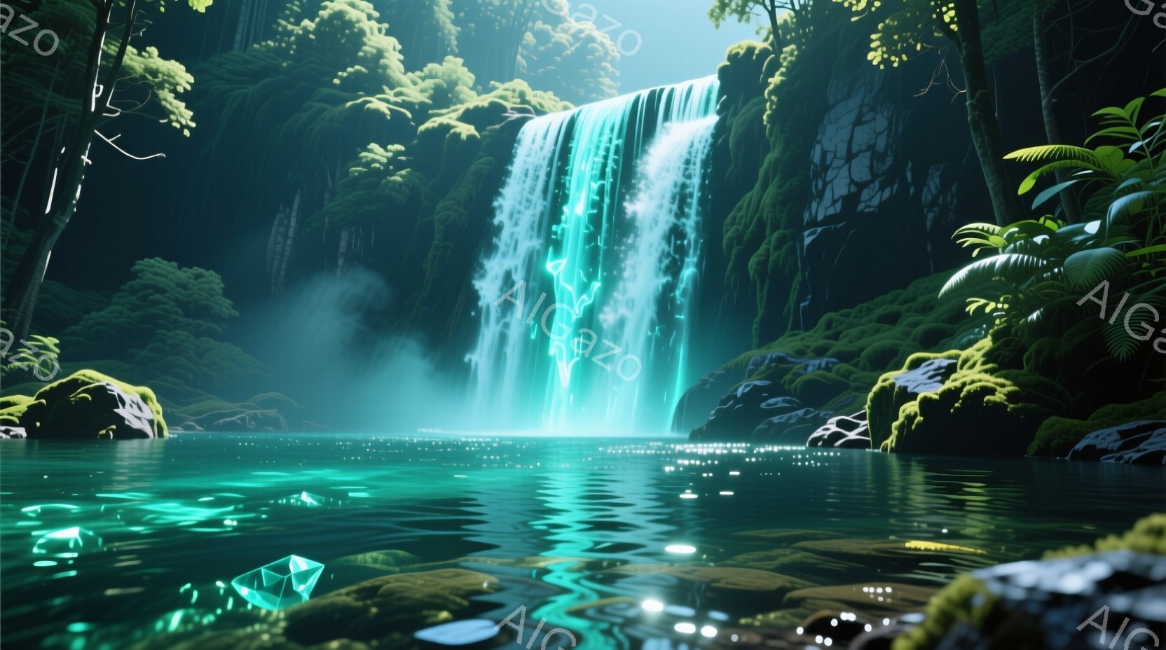 鮮やかな青緑色の滝が、苔むした岩と豊かな植物に囲まれた静かな池に流れ込んでいる様子が描かれています。水面には光の反射と、透明な結晶のような形の光が漂い、幻想的な雰囲気を醸し出しています。背景には深い緑 - AI生成フリー素材