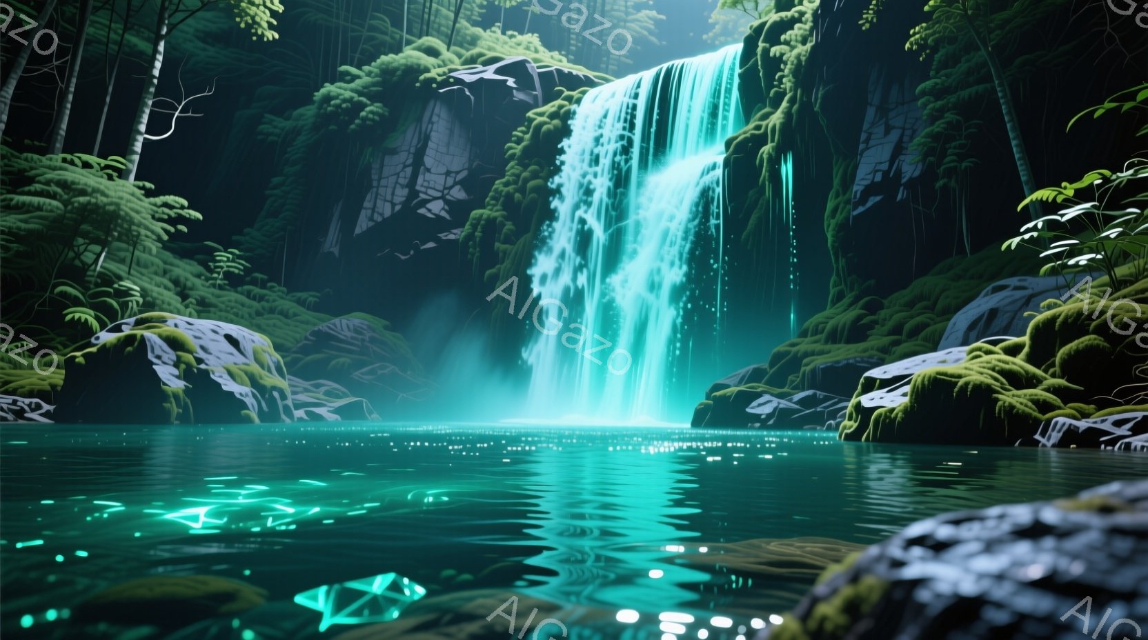 鬱蒼とした緑に覆われた岩肌から、エメラルドグリーンの滝が流れ落ち、静かな水面を照らしている。苔むした岩や植物が滝の周囲を彩り、神秘的な雰囲気を醸し出している。水面に映る光が幻想的で、自然の美しさが際立っている。
