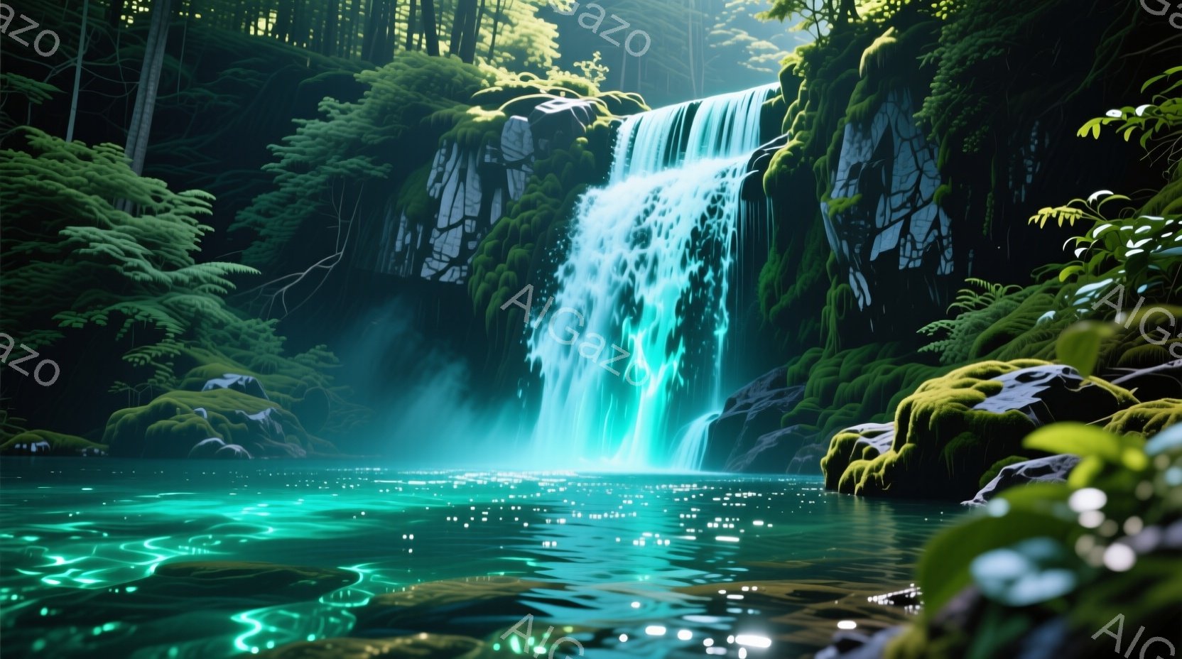 鮮やかな緑色の苔に覆われた岩壁から、ターコイズブルーの滝が流れ落ち、静かな湖に注ぎ込んでいる。水面は光を反射し、キラキラと輝き、周囲の緑豊かな植物と調和した幻想的な光景を作り出している。全体的に神秘的で穏やかな雰囲気があり、自然の美しさを際立たせている。