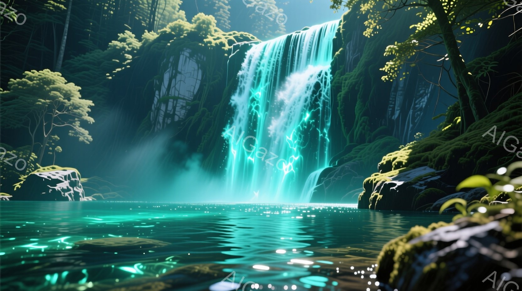 鮮やかなターコイズブルーの滝が、苔むした岩場から流れ落ち、静かな湖に注ぎ込んでいる。滝の水は光を反射し、まるで幻想的なエネルギーのようにも見える。背景には緑豊かな森林が広がり、滝と湖のコントラストが神秘的で静謐な雰囲気を生み出している。
