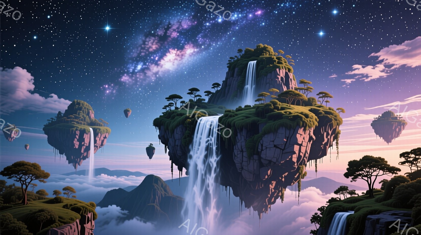 幻想的な空中に浮かぶ島々が描かれており、それぞれの島には緑豊かな森林と滝が流れ落ちています。背景には壮大な天の川が広がり、雲海と夕焼けの色が神秘的な雰囲気を醸し出しています。この風景は、静寂と幻想が共存する、まるで別世界のようです。