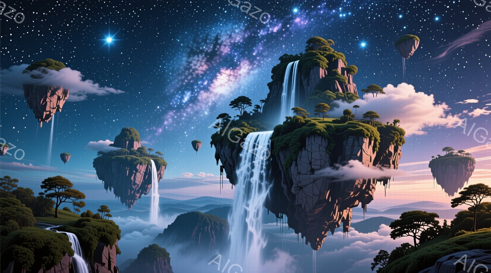 幻想的な浮遊島々が夜空に浮かび、それぞれの島からは滝が流れ落ちています。緑豊かな植生が島の表面を覆い、遠くには雲海が広がっています。夜空には星が輝き、銀河が壮大な背景を形成し、神秘的で平和な雰囲気を醸し出しています。