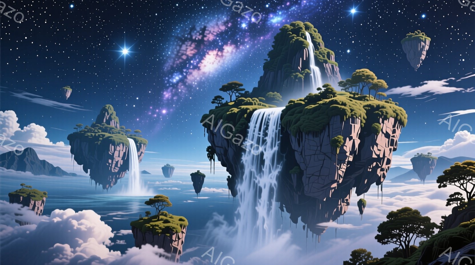 浮遊する島々が雲海に浮かび、それぞれの島からは滝が流れ落ちている幻想的な光景だ。島の表面には緑豊かな植物が生い茂り、背景には星空と銀河が広がり、神秘的な雰囲気を醸し出している。穏やかで平和な空気を感じ - AI生成フリー素材