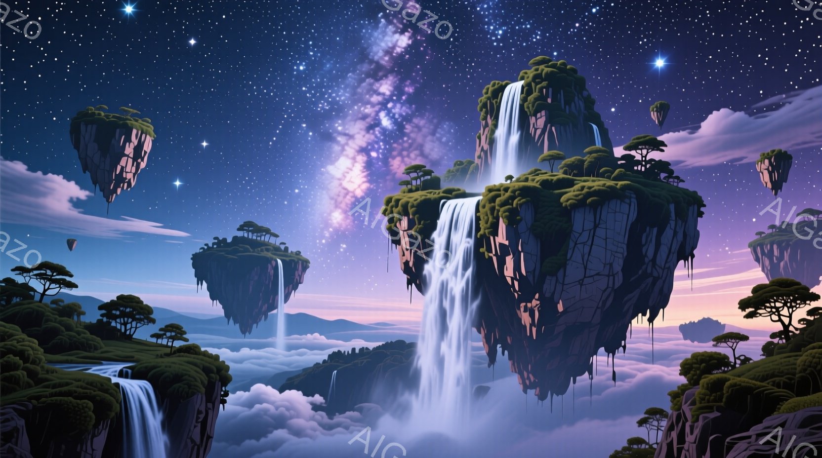 幻想的な光景が広がり、巨大な浮遊島々が雲海の中に点在している。それぞれの島には緑豊かな植生が生い茂り、そこから流れ落ちる滝が幻想的な光を放っている。背景には銀河が広がり、神秘的で壮大な雰囲気を醸し出している。