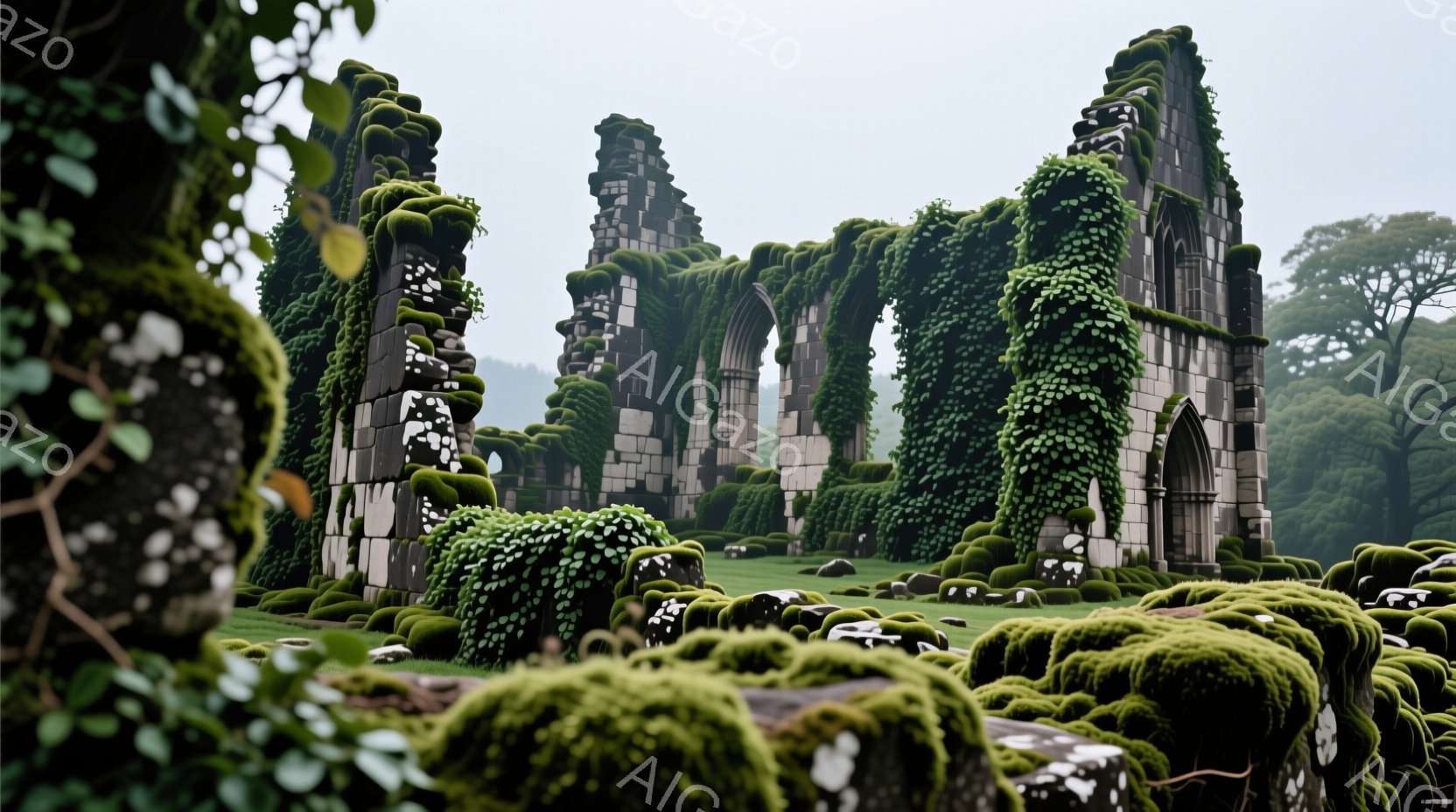 緑の苔で覆われた石造りの廃墟の風景を描いています。アーチ状の開口部が並んだ廃墟は、自然に飲み込まれつつあり、苔が壁面全体を覆っています。背景には緑豊かな木々が見え、全体的に静寂で神秘的な雰囲気が漂っています。