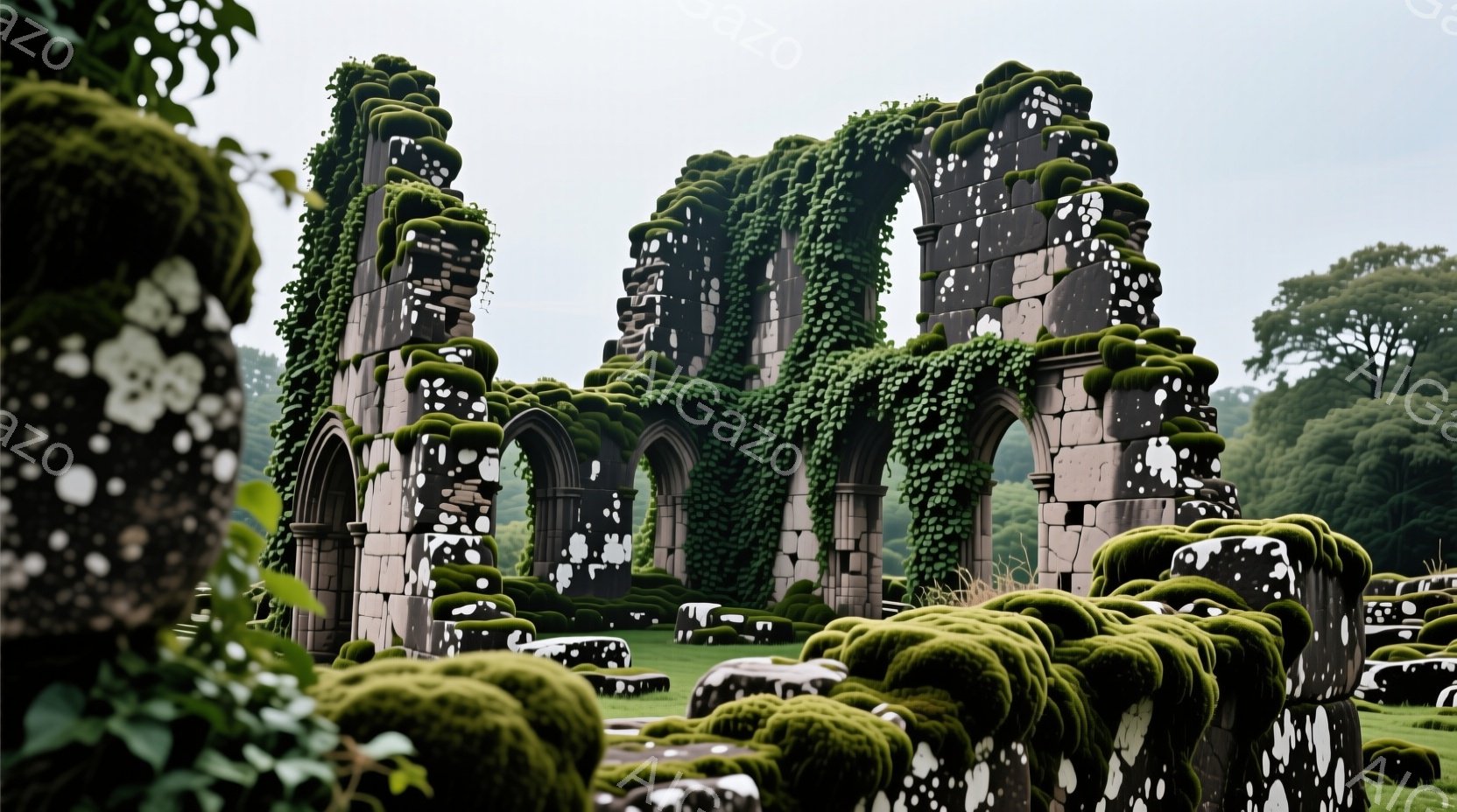 古びた石造りのアーチが、緑色の苔で覆われた庭園の中に聳え立っている。苔はまるで生きているかのようにアーチ全体を覆い、廃墟のような雰囲気を醸し出している。背景には緑豊かな木々が広がり、霧のかかった空が幻 - AI生成フリー素材