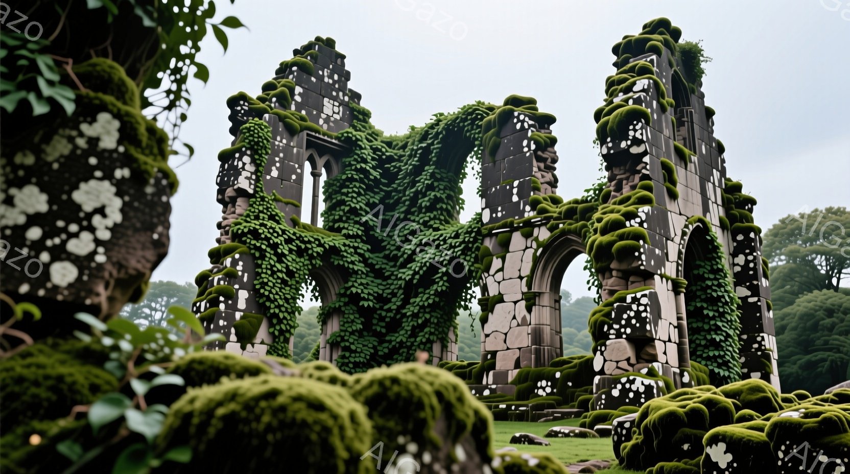 古びた石造りの廃墟が、緑豊かなツタに覆われて佇んでいます。空はどんよりとした曇り空で、周囲には緑が生い茂り、静寂で神秘的な雰囲気が漂っています。廃墟のアーチ状の窓や壁には苔がむしり、自然と歴史が融合し - AI生成フリー素材